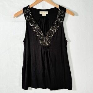 Michael Kors Black Sleeveless Tank‎ Top Gold Studded V-Neck Med Y2K whimsygoth